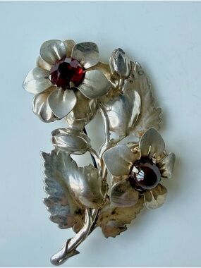 Vintage Gold Over Sterling Silver Large Red Cabochon Floral Bouquet Brooch Pin
